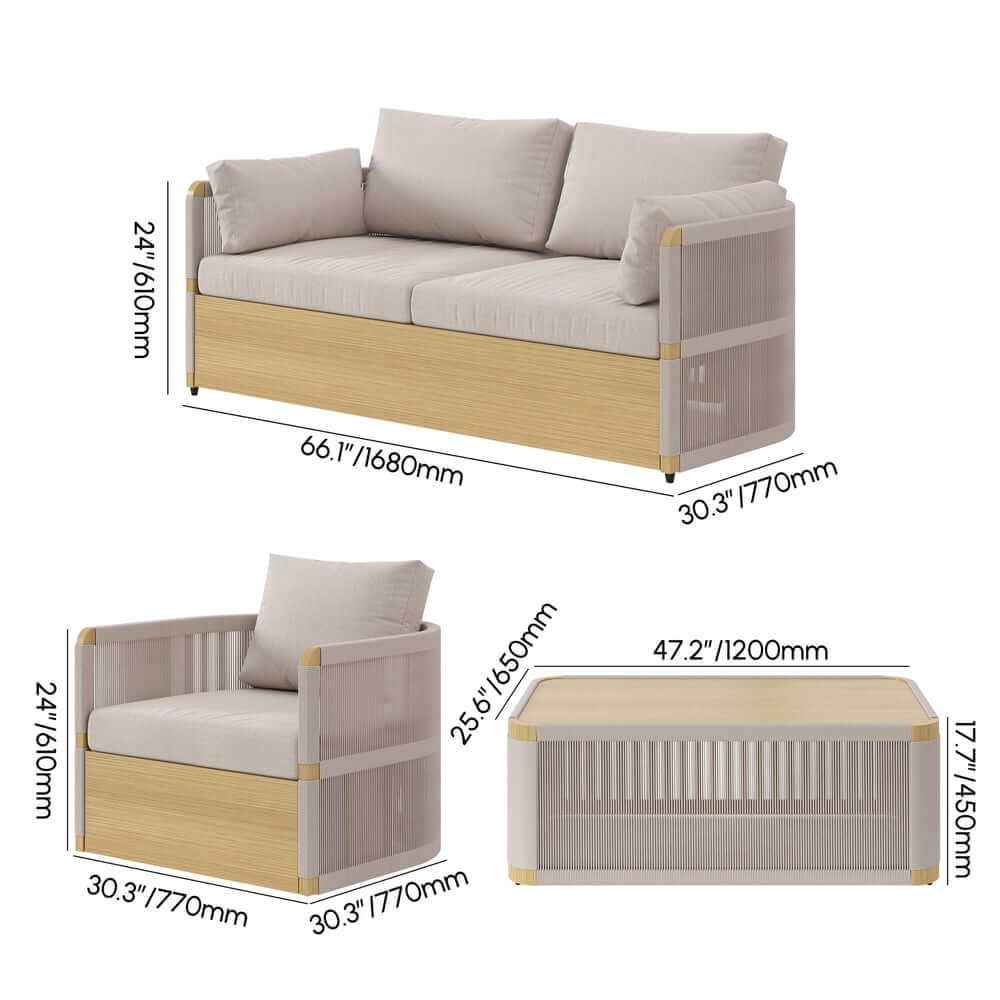 Coastal Aluminum Outdoor Furniture Set with Swivel Chairs and Table Dimensions