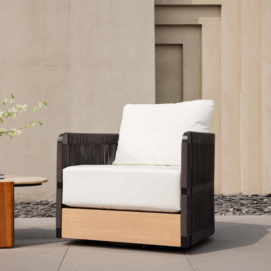 Coastal Style Outdoor Accent Chair with Swivel Base and Black Frame