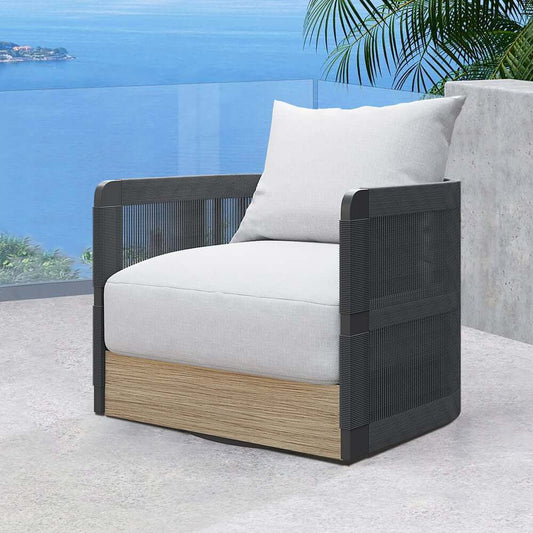 Coastal Style Outdoor Accent Chair with Swivel Base and Black Frame Main Product Image