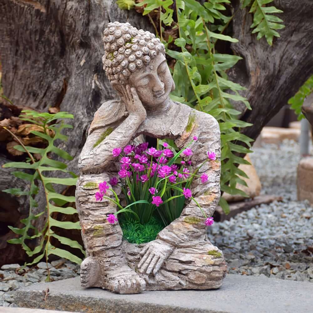 Concrete Gray Magnesium Oxide Sleeping Buddha Statue with Planter