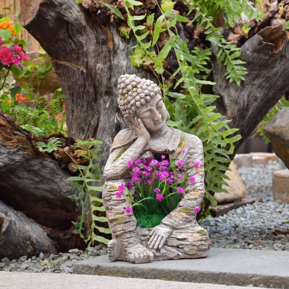 Concrete Gray Magnesium Oxide Sleeping Buddha Statue with Planter