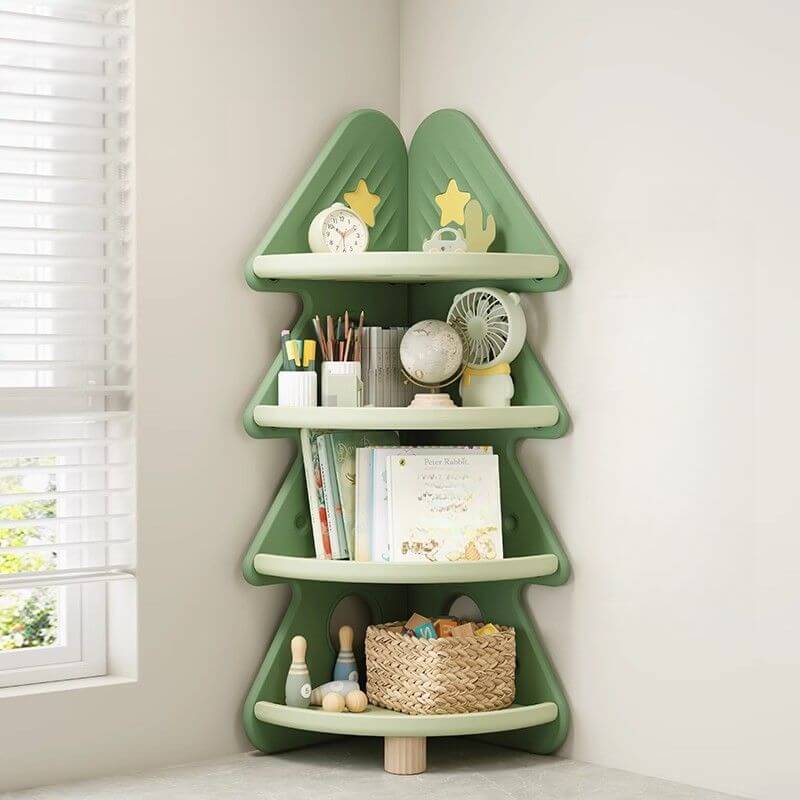 4段棚とボックス付きのコーナーツリー型おもちゃ収納（グリーン）