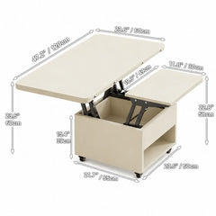 Cream Wood Lift Top Coffee Table With Hidden Storage, Casters and Expandable Surface