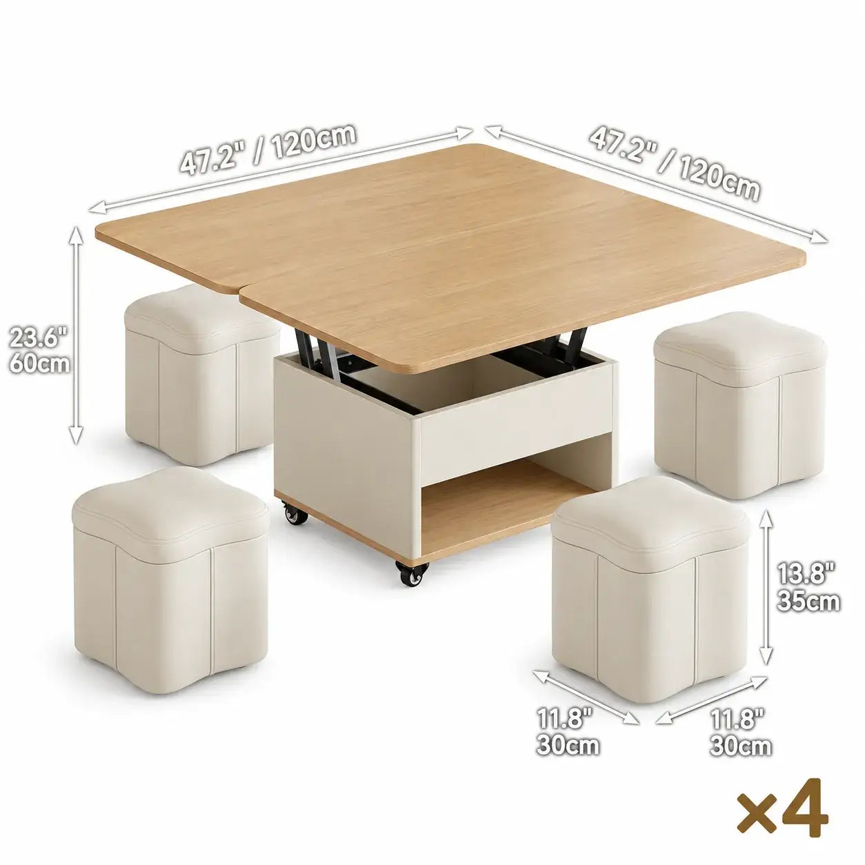 Cream Wood Lift Top Coffee Table With Hidden Storage, Casters and Expandable Surface