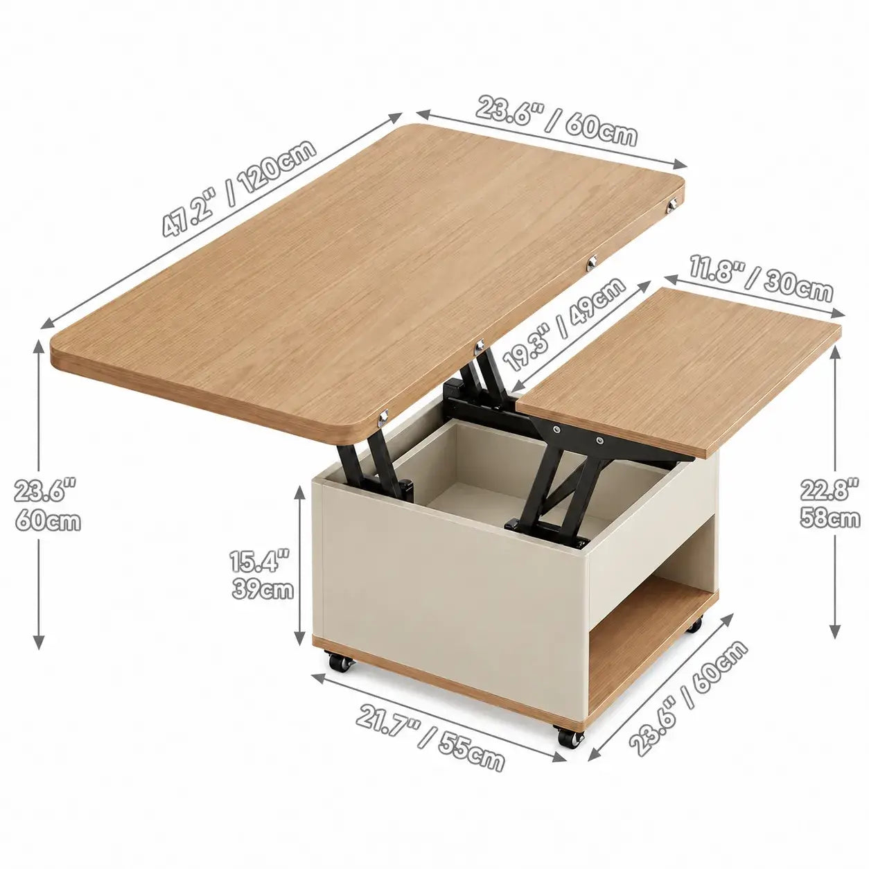 Cream Wood Lift Top Coffee Table With Hidden Storage, Casters and Expandable Surface