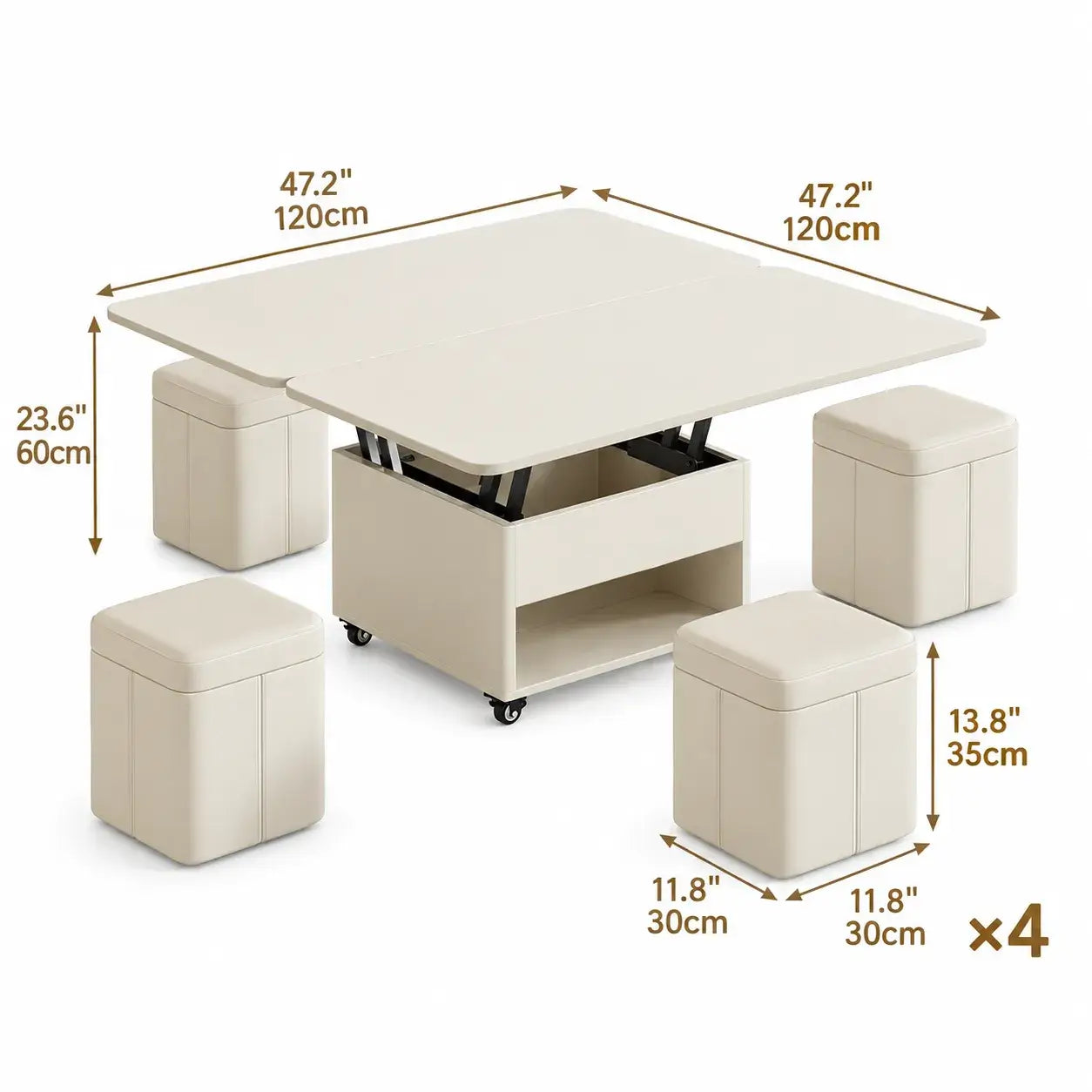 Cream Wood Lift Top Coffee Table With Hidden Storage, Casters and Expandable Surface