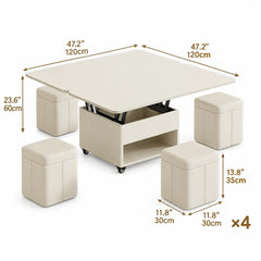 Cream Wood Lift Top Coffee Table With Hidden Storage, Casters and Expandable Surface