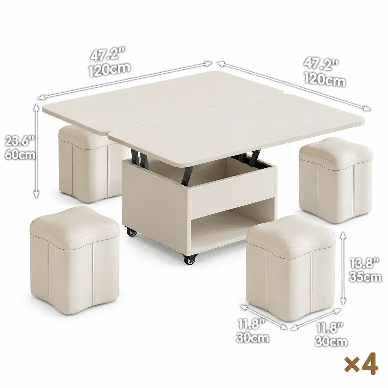Cream Wood Lift Top Coffee Table With Hidden Storage, Casters and Expandable Surface