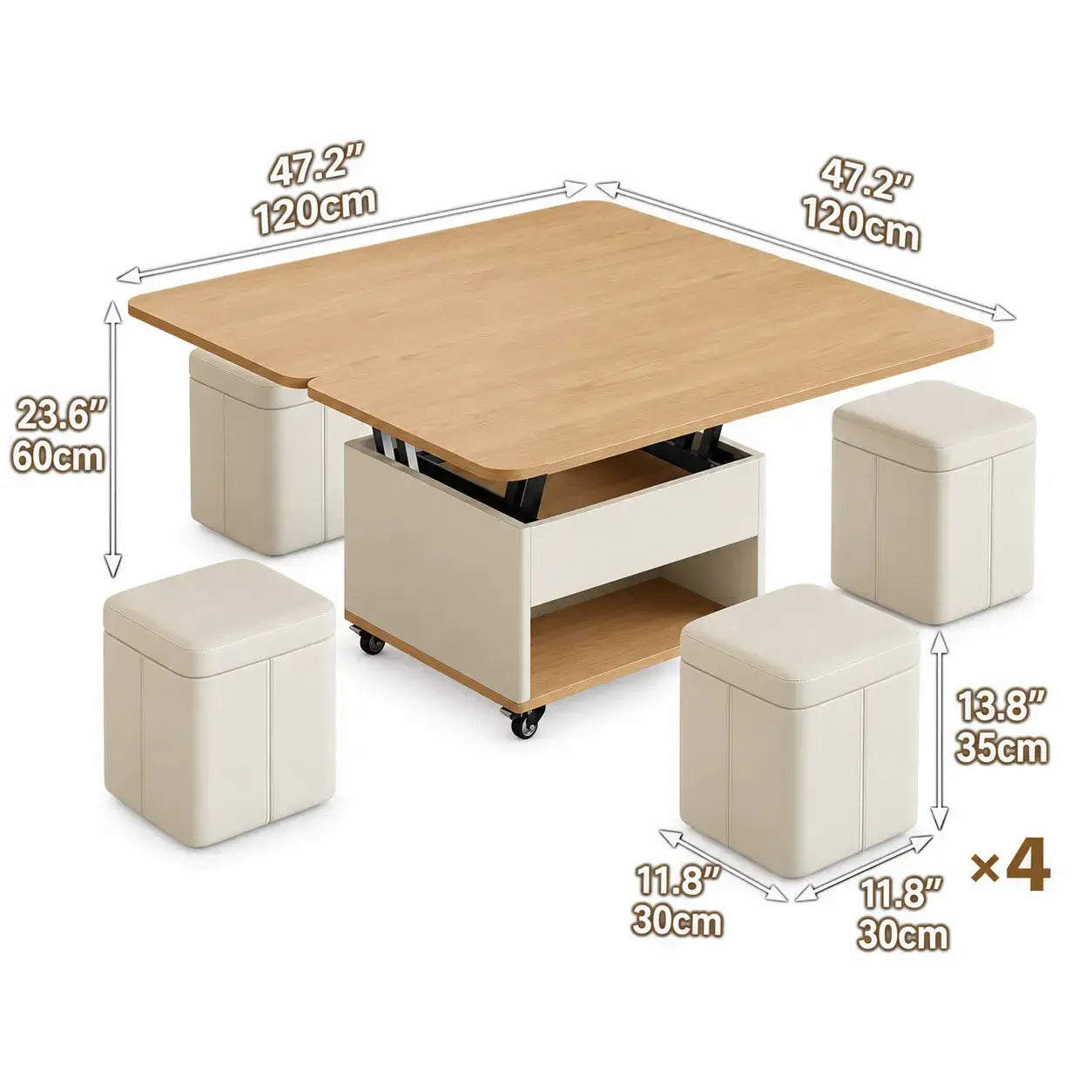 Cream Wood Lift Top Coffee Table With Hidden Storage, Casters and Expandable Surface