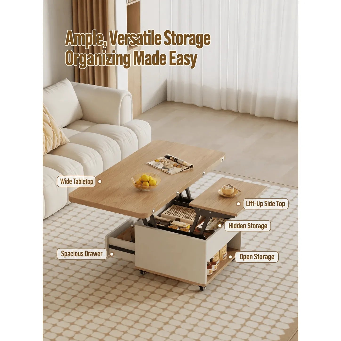 Cream Wood Lift Top Coffee Table With Hidden Storage, Casters and Expandable Surface