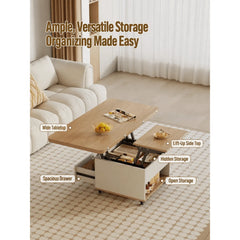 Cream Wood Lift Top Coffee Table With Hidden Storage, Casters and Expandable Surface