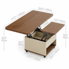 Cream Wood Lift Top Coffee Table With Hidden Storage, Casters and Expandable Surface Dimensions