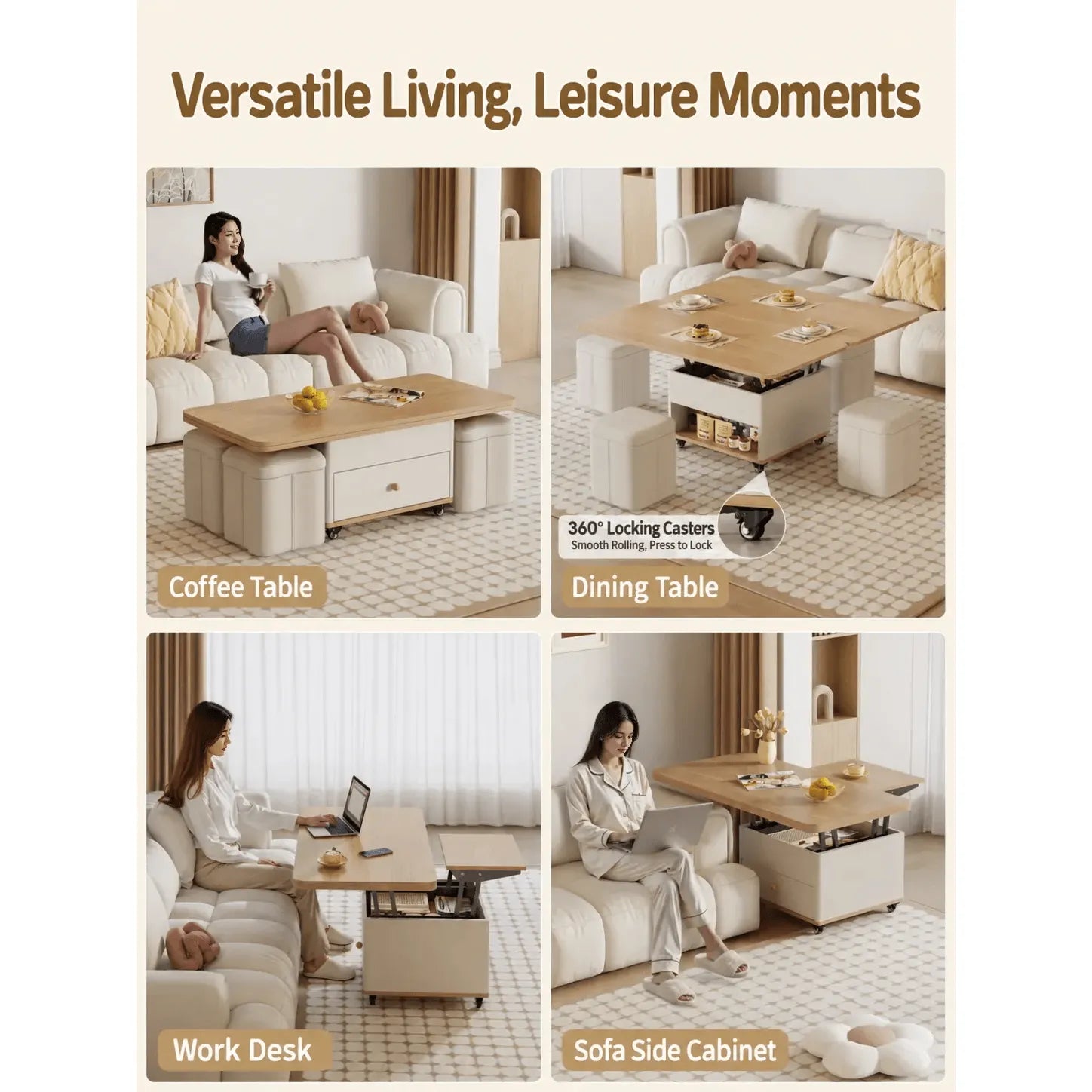 Cream Wood Lift Top Coffee Table With Hidden Storage, Casters and Expandable Surface