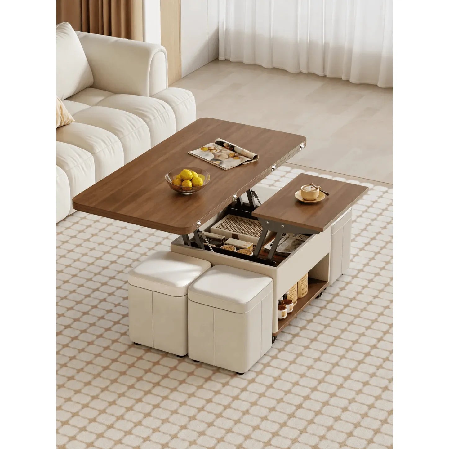 Cream Wood Lift Top Coffee Table With Hidden Storage, Casters and Expandable Surface Main Product Image