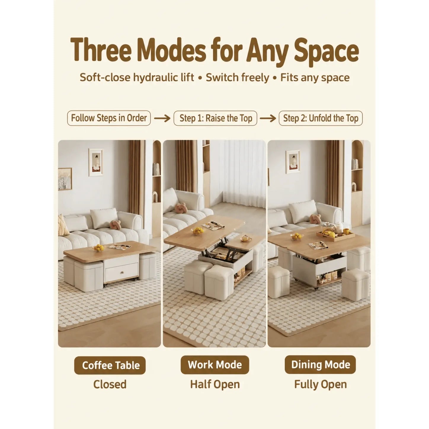 Cream Wood Lift Top Coffee Table With Hidden Storage, Casters and Expandable Surface