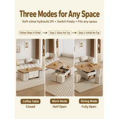 Cream Wood Lift Top Coffee Table With Hidden Storage, Casters and Expandable Surface