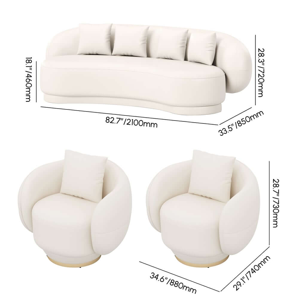Curved Performance Leather Sofa Set with Swivel Feature Dimensions