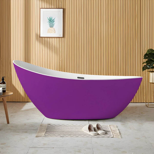 White contemporary freestanding acrylic soaking bathtub with oval slipper design, 59 by 31.5 inches