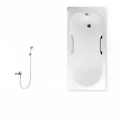 White Cast Iron Rectangular Drop-in Bathtub with Back to Wall Design, Slip Resistant, Valve, and Overflow Hole, Tub, With Arm, 59"L x 28"W x 16"H Bathtubs