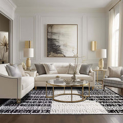 Diatom Filaments Waterproof Rectangle Rug in Abstract Black White Design