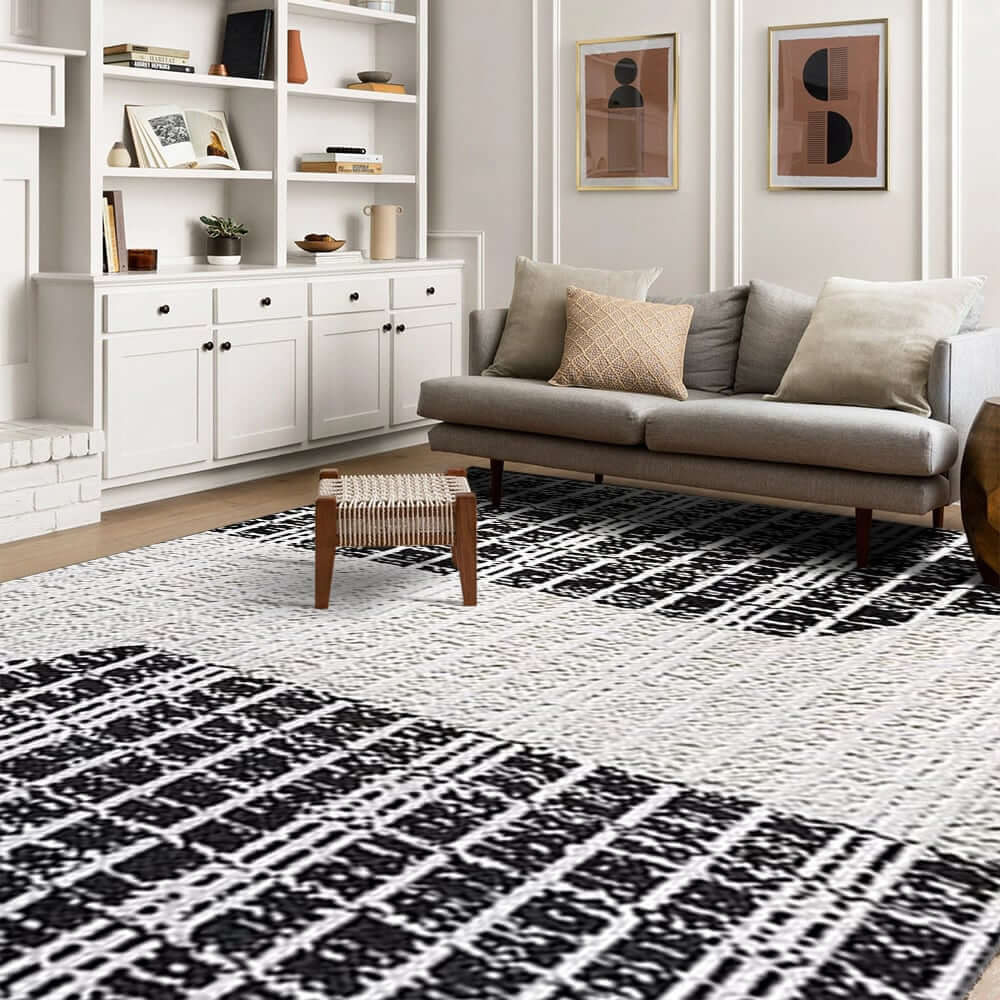 Diatom Filaments Waterproof Rectangle Rug in Abstract Black White Design