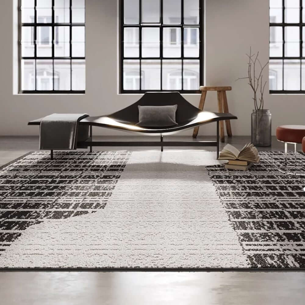 Diatom Filaments Waterproof Rectangle Rug in Abstract Black White Design