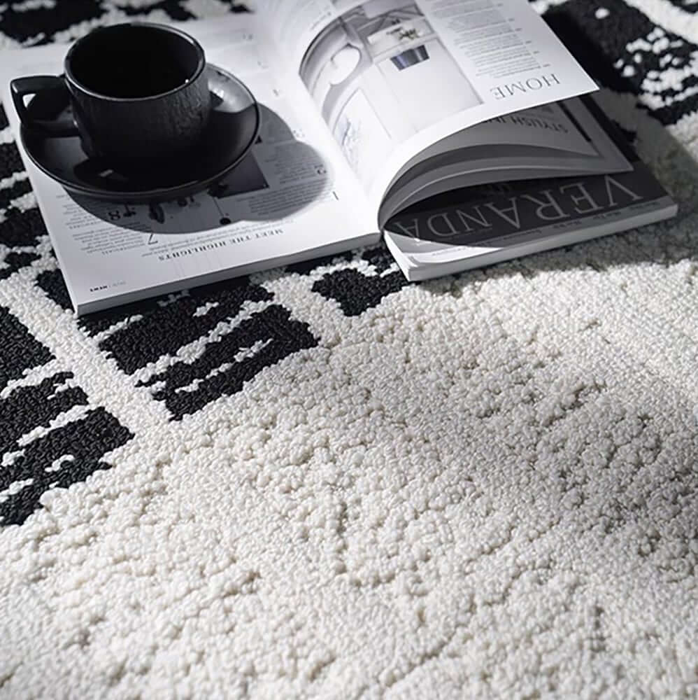 Diatom Filaments Waterproof Rectangle Rug in Abstract Black White Design