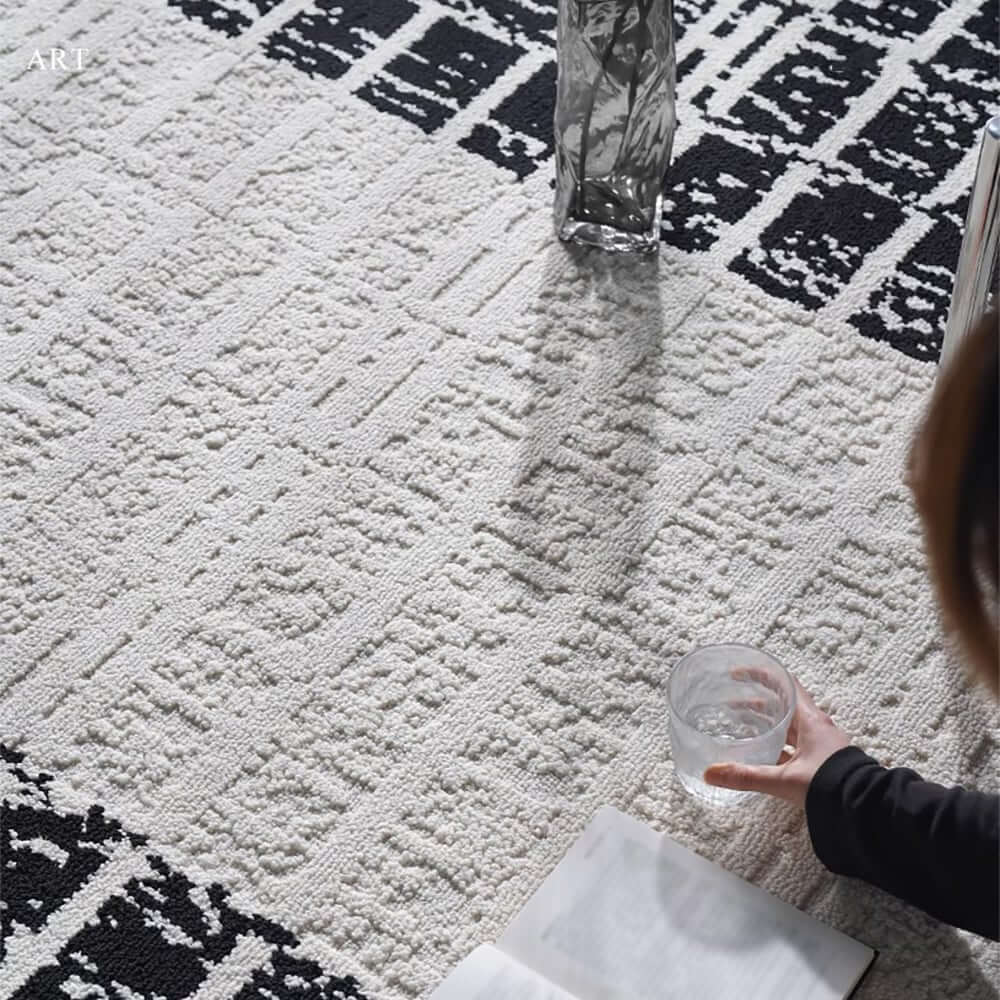 Diatom Filaments Waterproof Rectangle Rug in Abstract Black White Design