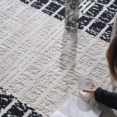 Diatom Filaments Waterproof Rectangle Rug in Abstract Black White Design