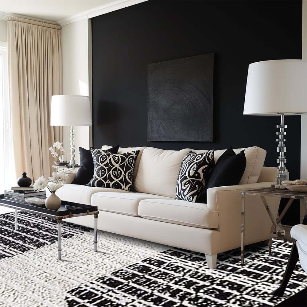 Diatom Filaments Waterproof Rectangle Rug in Abstract Black White Design