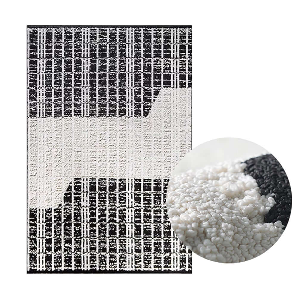 Diatom Filaments Waterproof Rectangle Rug in Abstract Black White Design
