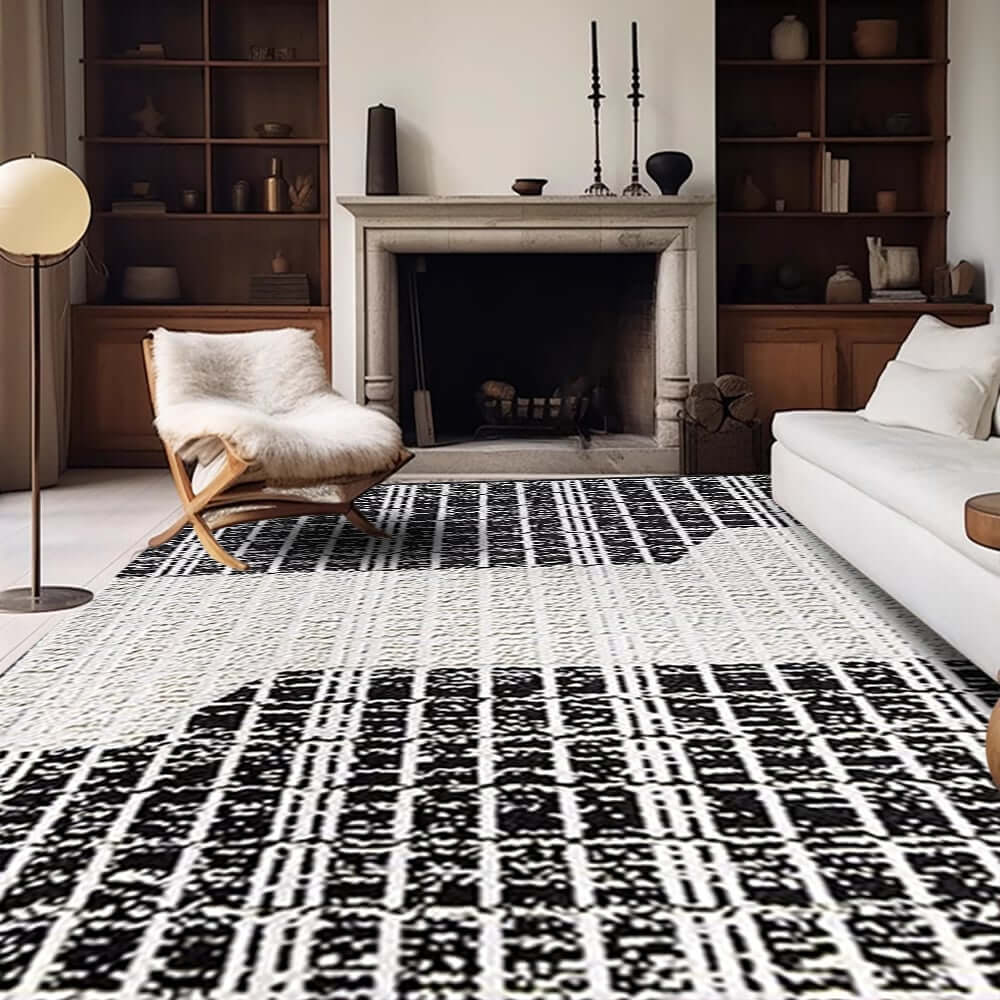 Diatom Filaments Waterproof Rectangle Rug in Abstract Black White Design