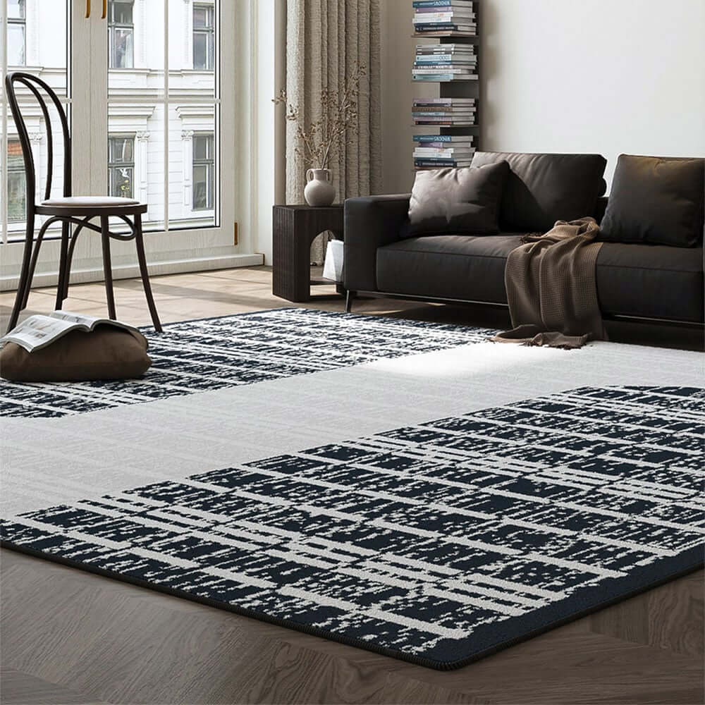 Diatom Filaments Waterproof Rectangle Rug in Abstract Black White Design