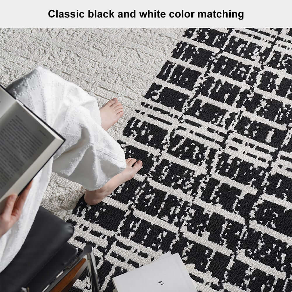Diatom Filaments Waterproof Rectangle Rug in Abstract Black White Design