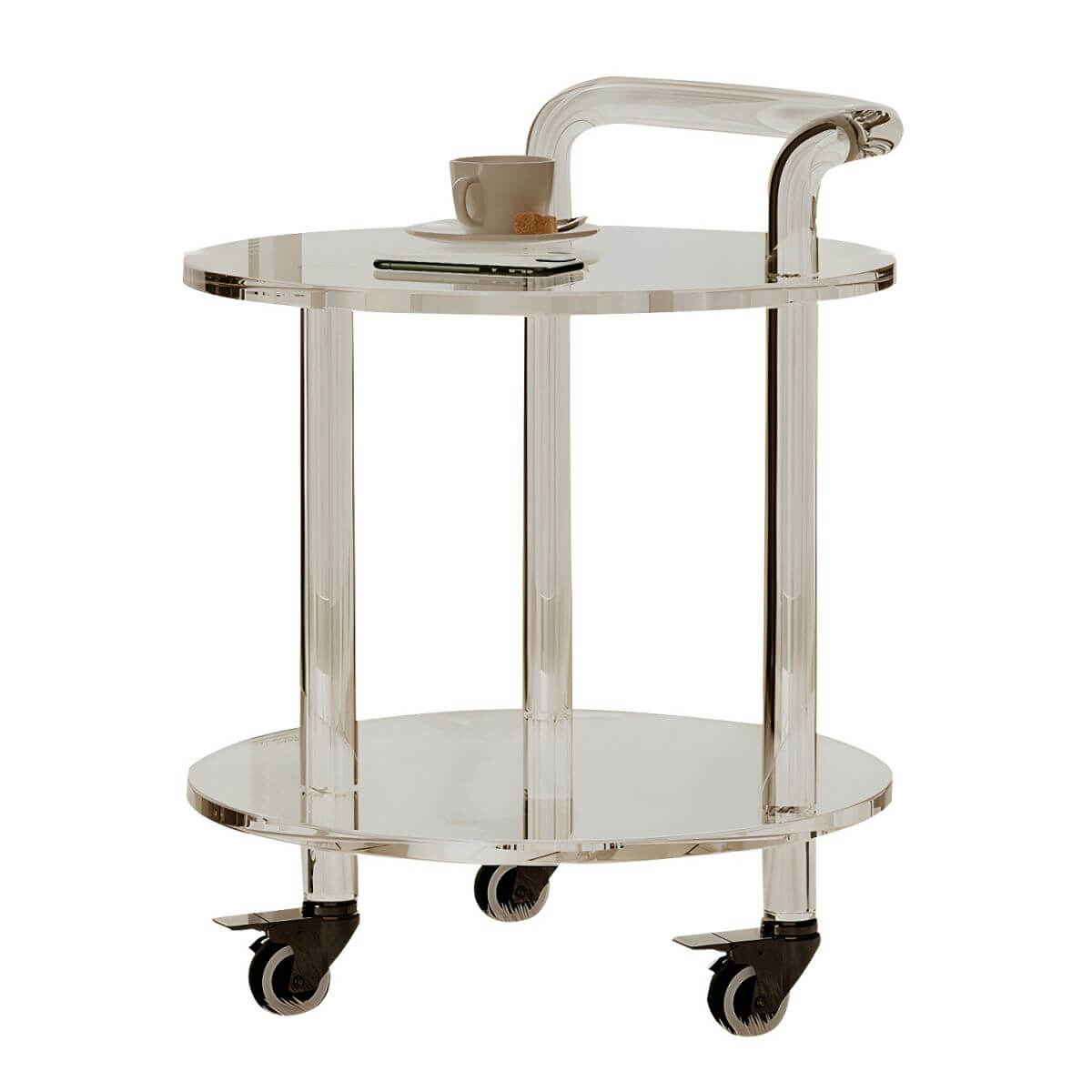 Double-Tier Transparent Acrylic End Table on Wheels, Modern Design