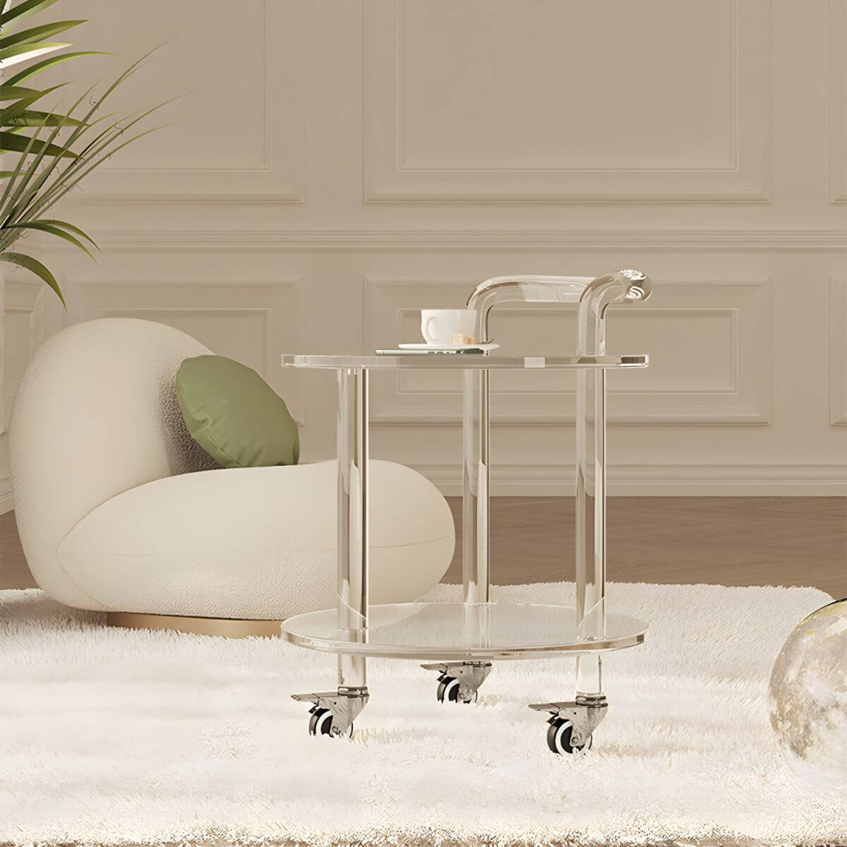 Double-Tier Transparent Acrylic End Table on Wheels, Modern Design