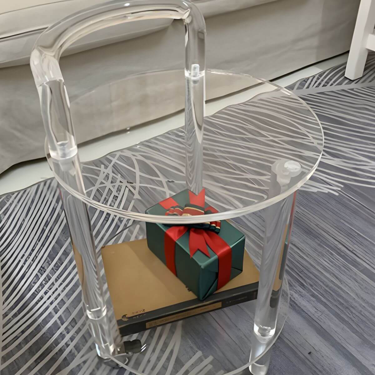 Double-Tier Transparent Acrylic End Table on Wheels, Modern Design