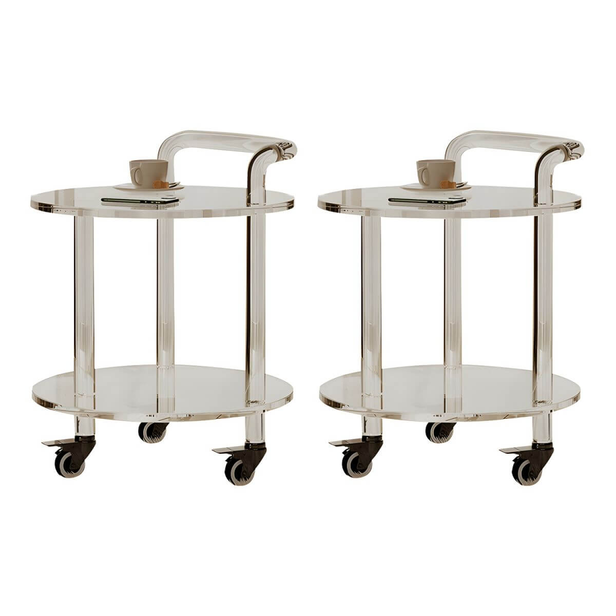 Double-Tier Transparent Acrylic End Table on Wheels, Modern Design