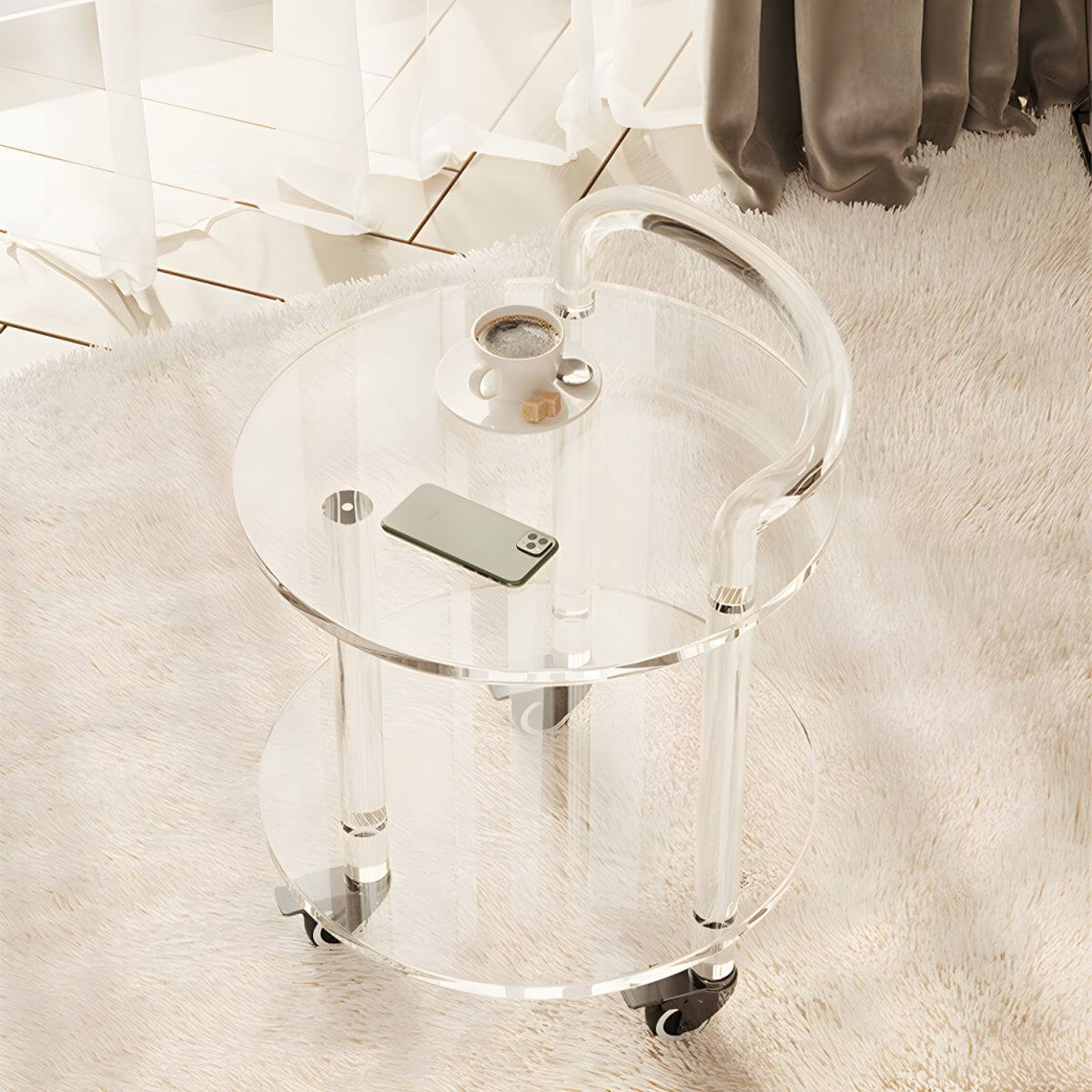 Double-Tier Transparent Acrylic End Table on Wheels, Modern Design