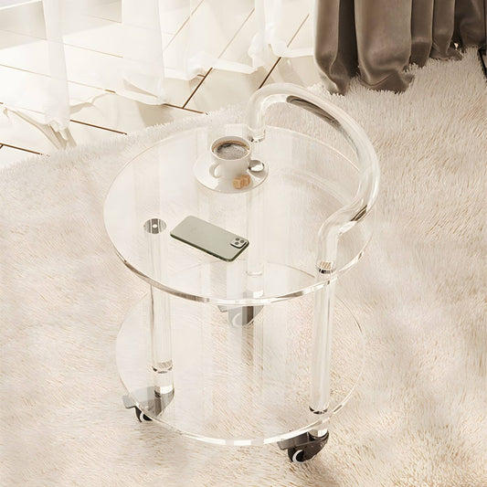 Double-Tier Transparent Acrylic End Table on Wheels, Modern Design