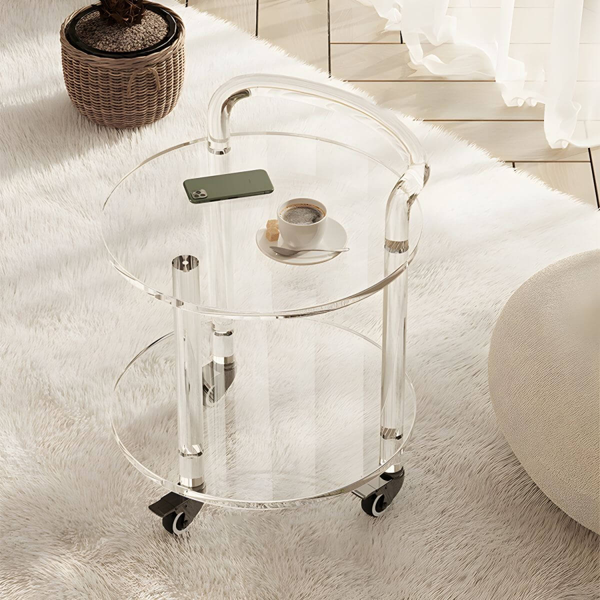 Double-Tier Transparent Acrylic End Table on Wheels, Modern Design
