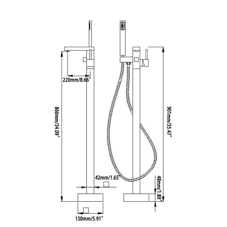 Dree Freestanding Bathtub Faucet with Hand Shower in Matte Black Dimensions