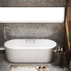 Cast Iron Modern Simple Style Elliptical Roll Top Soaking Freestanding Bathtub in White, 63"L x 29.5"W x 20"H, With Arm Bathtubs
