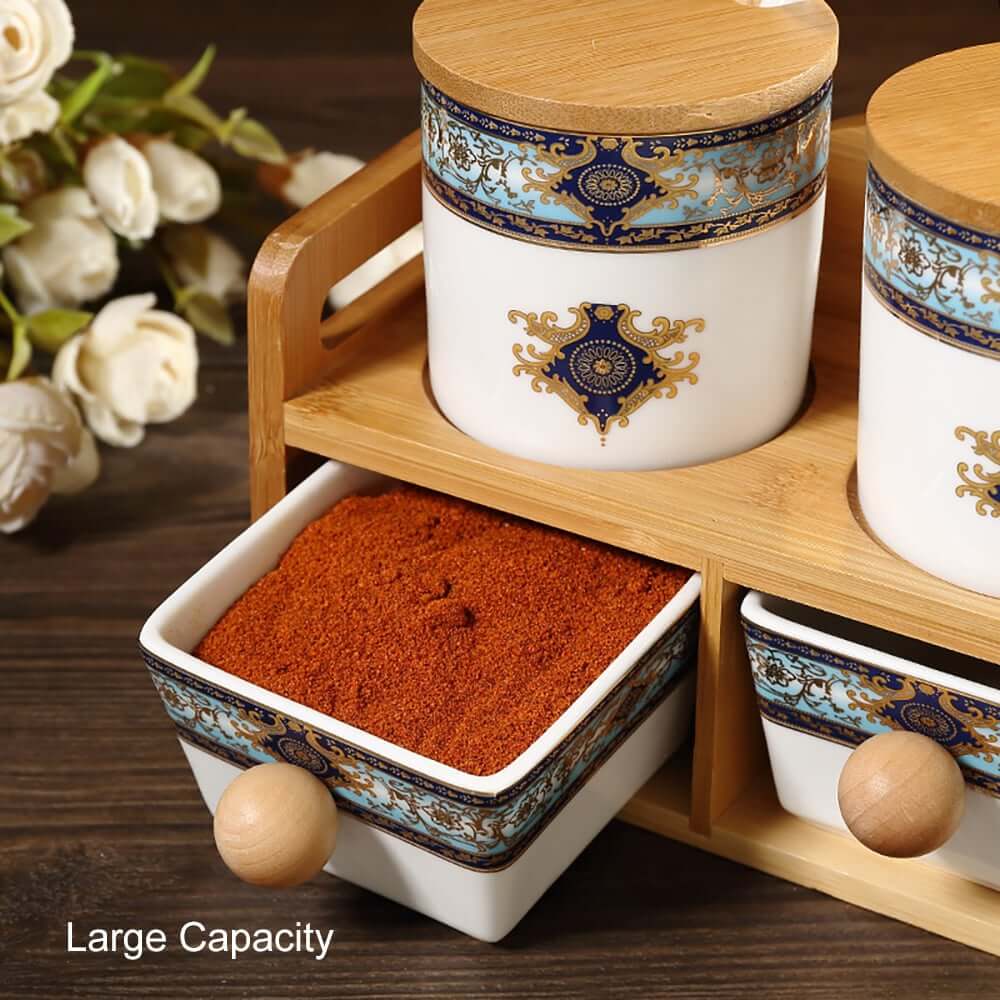 Elegant Blue & White Bamboo Spice Jar and Rack Set – 6 Jars