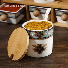 Elegant Blue & White Bamboo Spice Jar and Rack Set – 6 Jars
