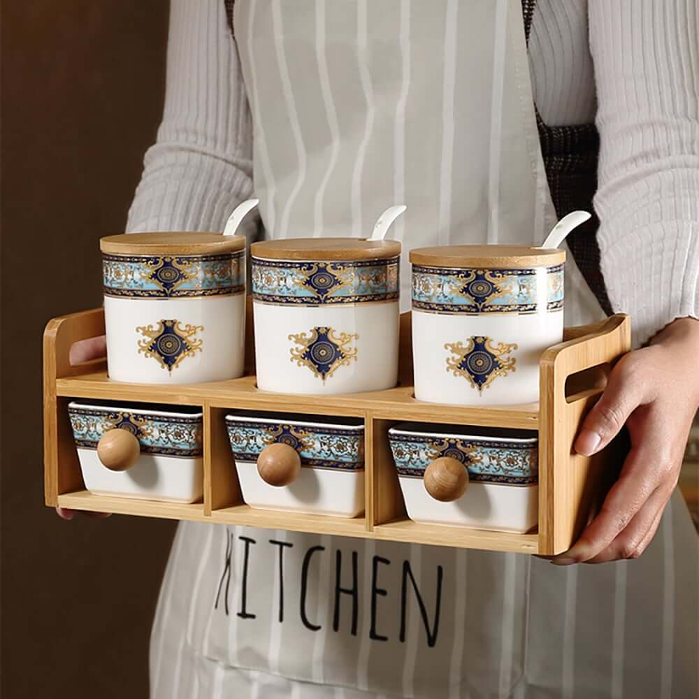 Elegant Blue & White Bamboo Spice Jar and Rack Set – 6 Jars