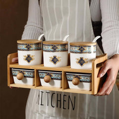 Elegant Blue & White Bamboo Spice Jar and Rack Set – 6 Jars