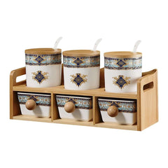 Elegant Blue & White Bamboo Spice Jar and Rack Set – 6 Jars