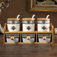 Elegant Blue & White Bamboo Spice Jar and Rack Set – 6 Jars