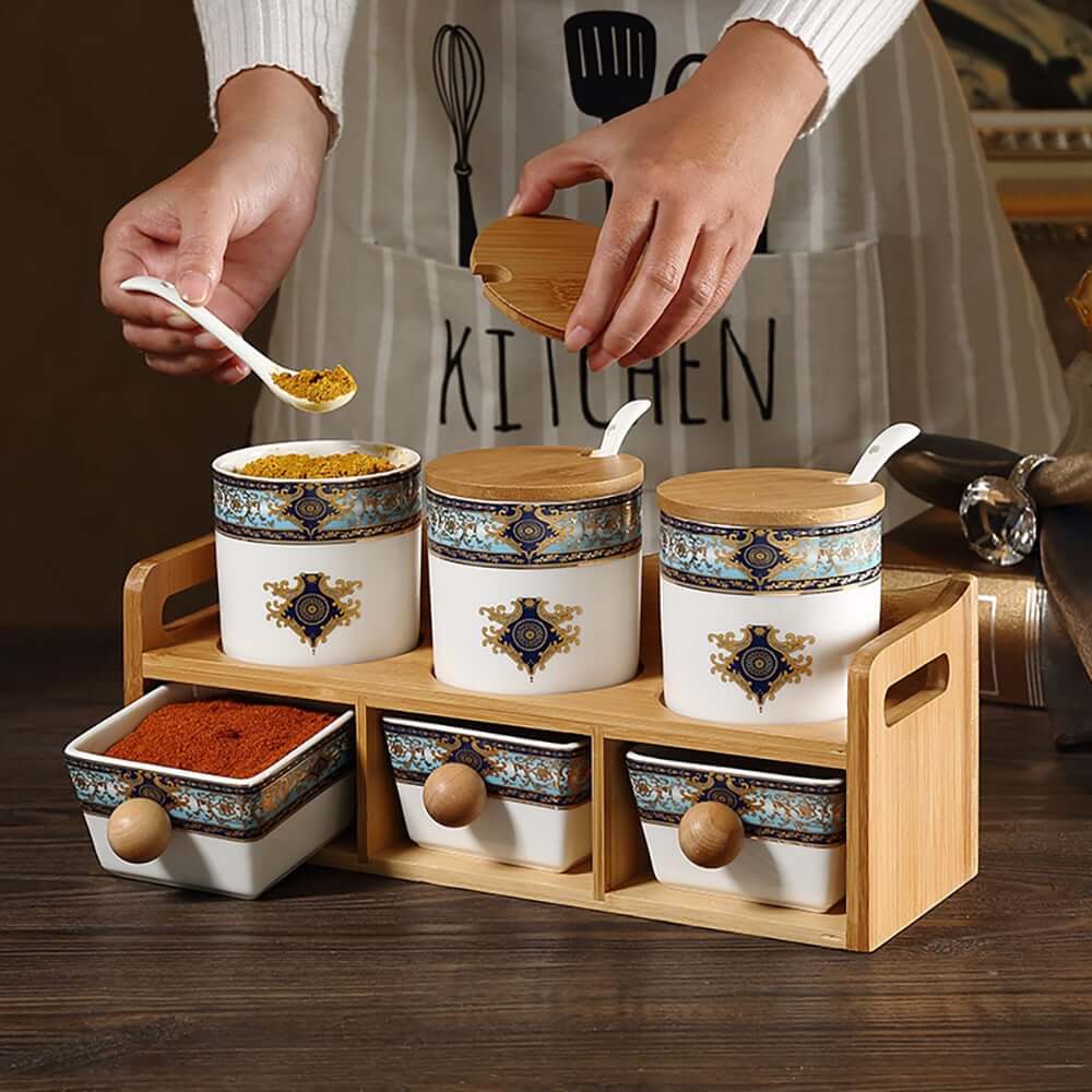 Elegant Blue & White Bamboo Spice Jar and Rack Set – 6 Jars